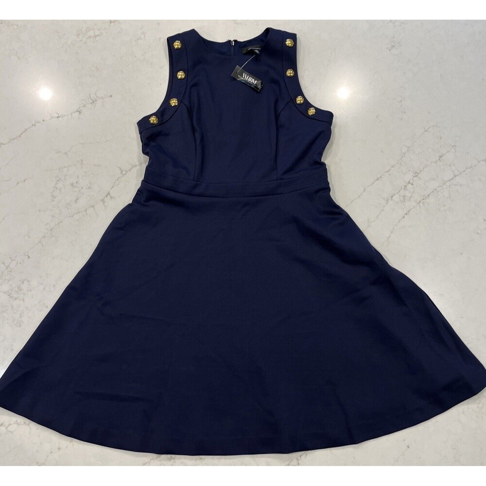 White House Black Market NEW 12P Fit Flare Luxe Stretch Navy Dress WHBM Petite